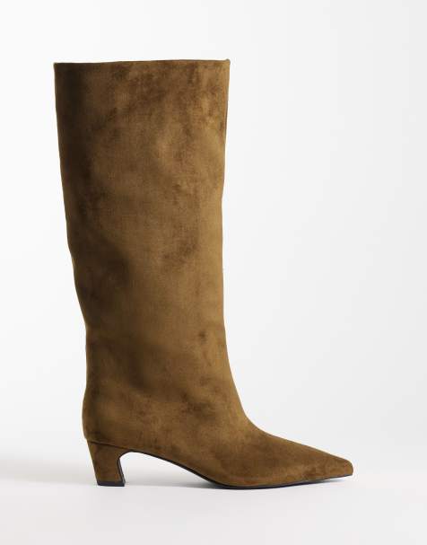 Schuh Dollie faux suede pointed knee boots in khaki - view 1