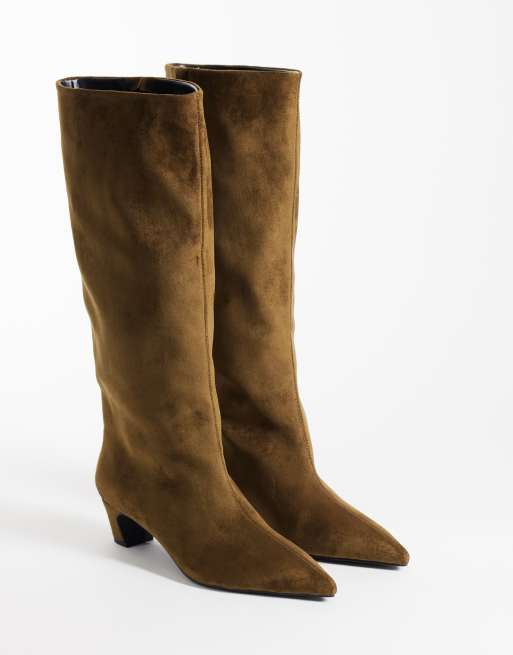 Schuh Dollie faux suede pointed knee boots in khaki, 3 of 4