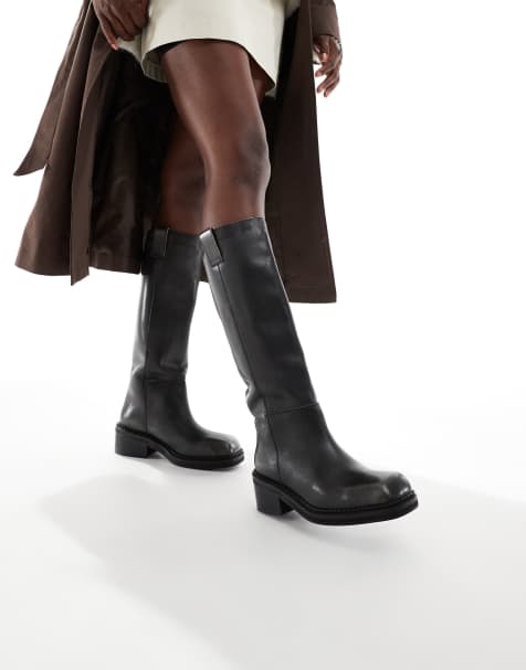 schuh Doria square toe chunky riding boots in leather black - view 1