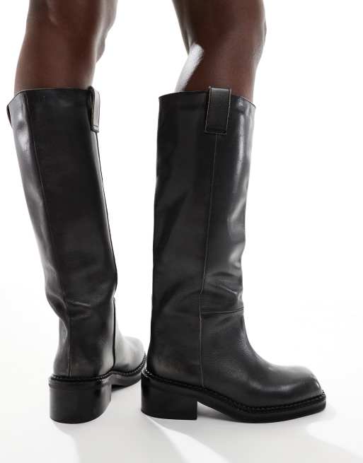 schuh Doria square toe chunky riding boots in leather black