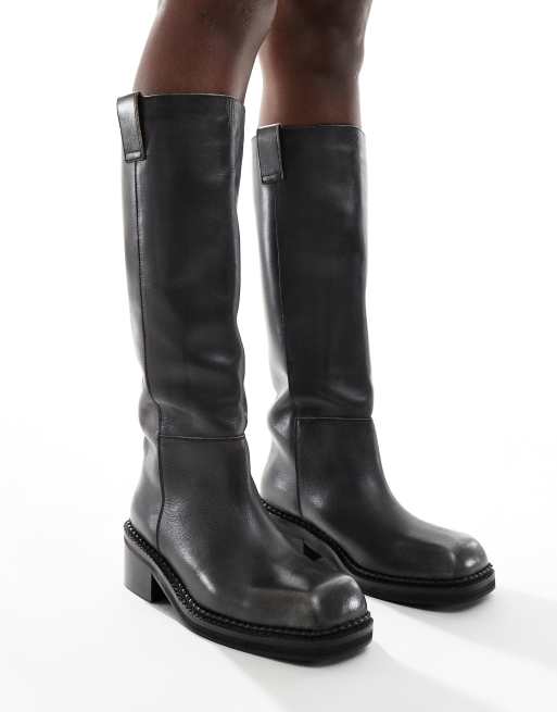 schuh Doria square toe chunky riding boots in leather black
