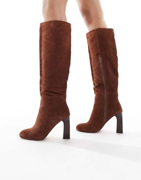 schuh – Draya – Bruna, knähöga boots i mocka med staplad sula - view 1