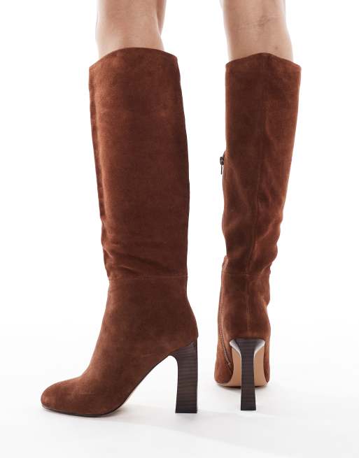 Schuh - Draya - Stivali al ginocchio con tacco lamellato marrone scamosciato, 3 di 4