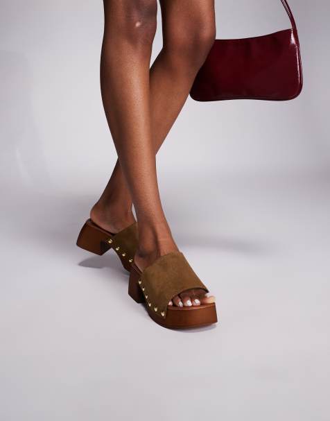 schuh Exclusive Via heeled clog sandals in khaki suede - view 1