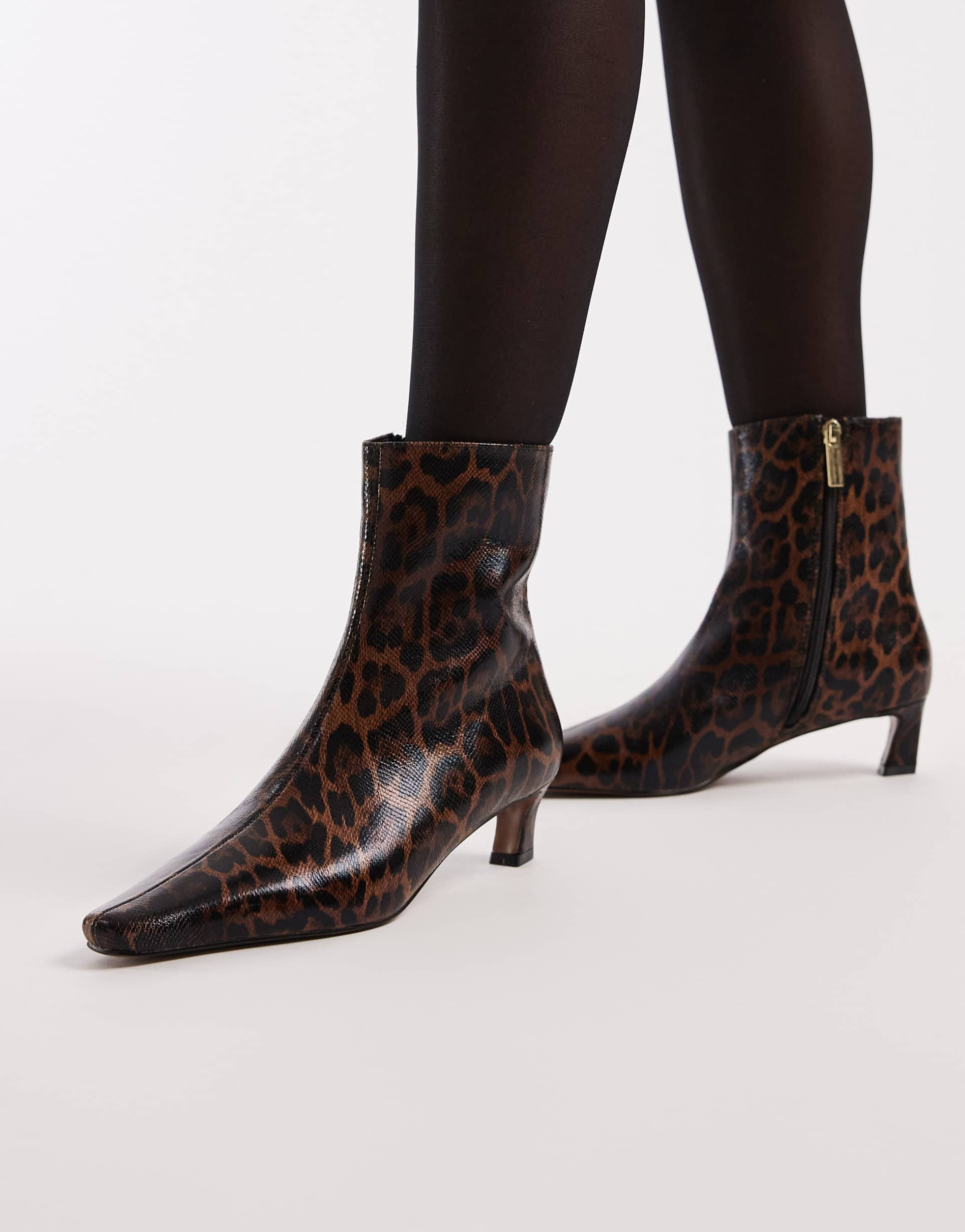 schuh kitten heel mid ankle boots in leopard print
