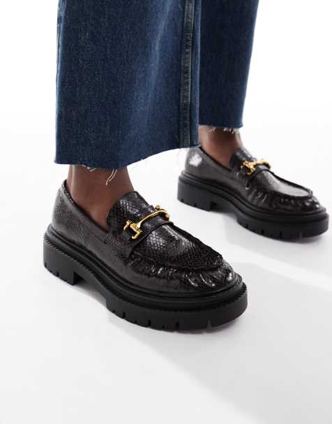 Schuh Lark chunky loafers with buckle in brown snake - view 1