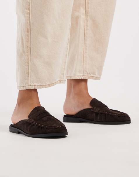 Schuh Leeds ruched mule loafers in brown suedette - view 1