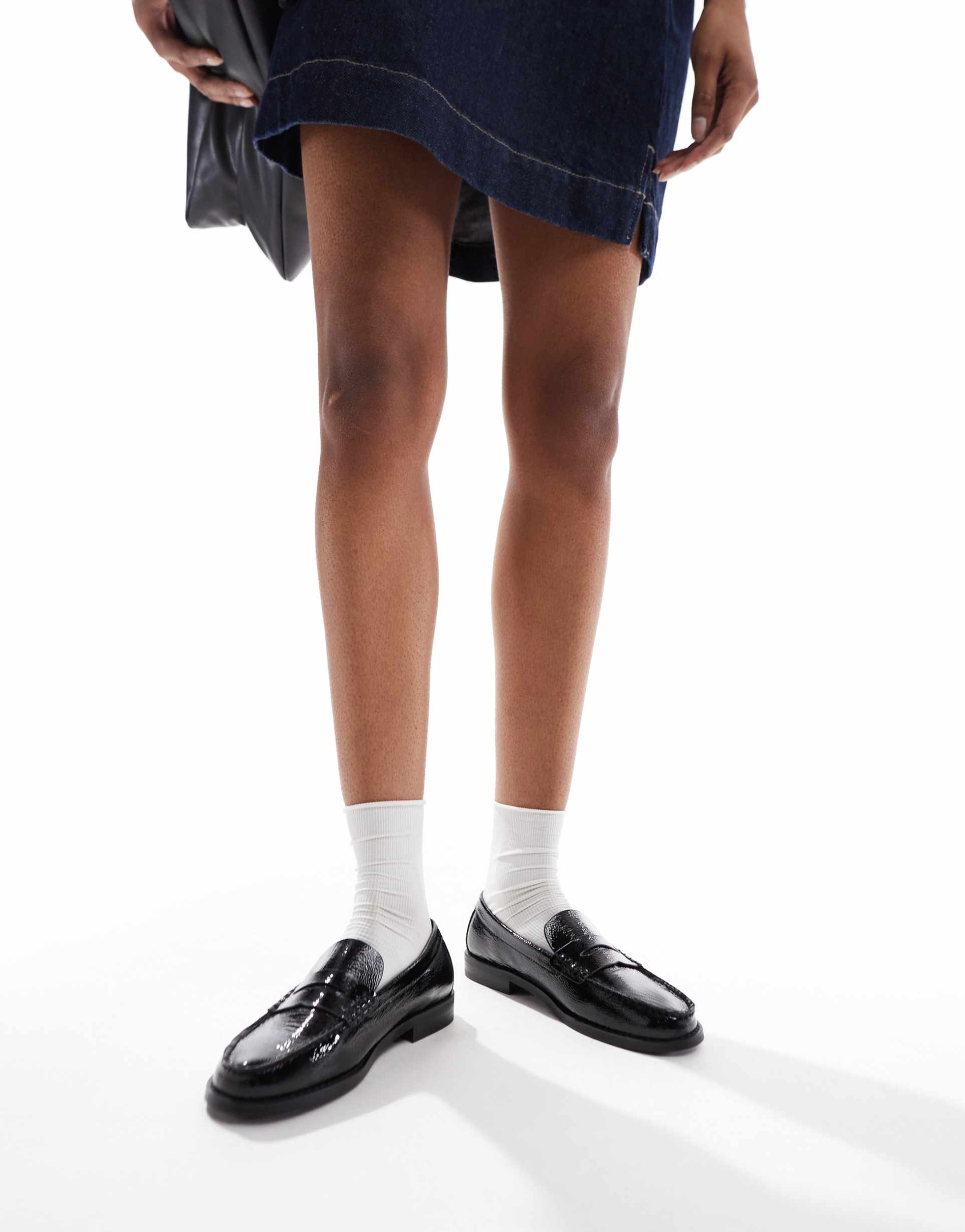 schuh lillian penny loafers in black crinkle leather