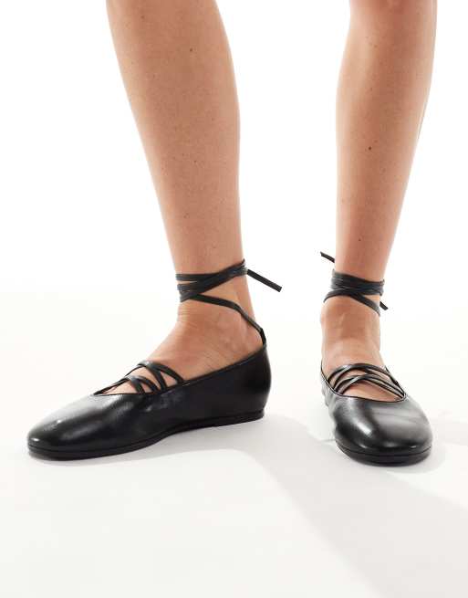 schuh Lorie tie detail pointed toe ballet flats in black