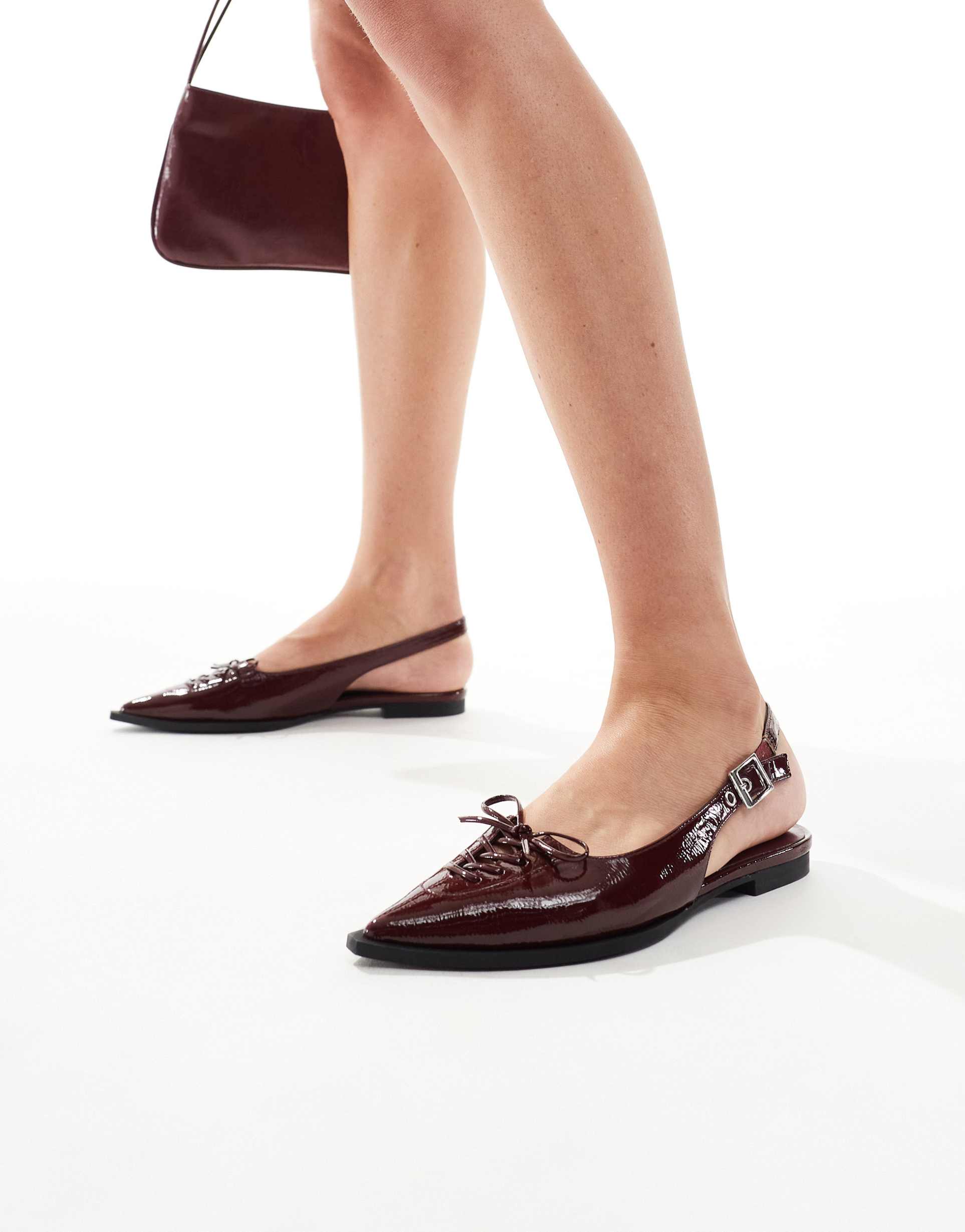 schuh lorie tie detail pointed toe flats in dark cherry