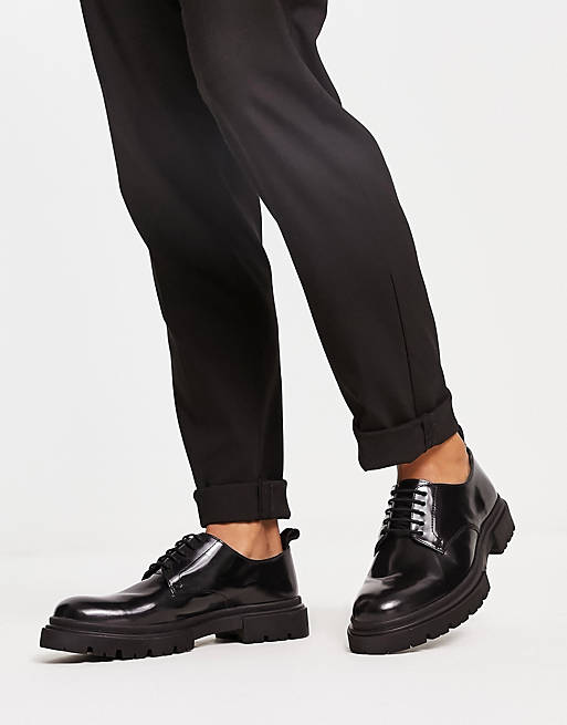 schuh Poet chunky lace up shoes in black hi shine leather | ASOS