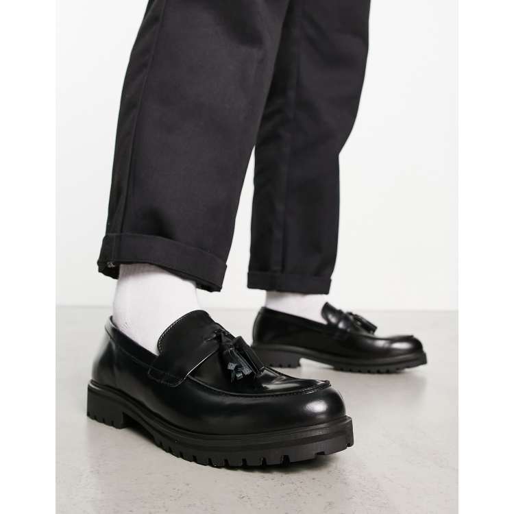 schuh Pope chunky tassel loafers in black hi shine leather