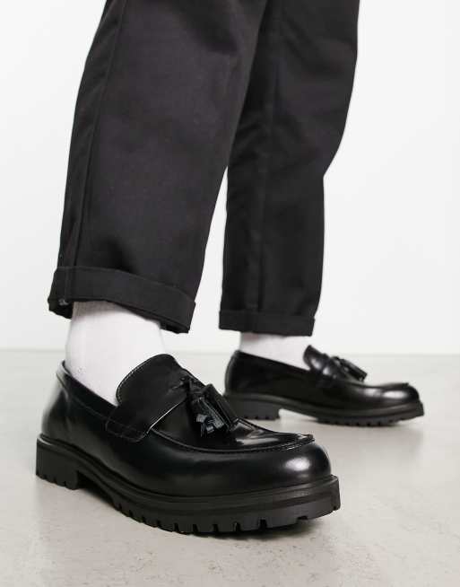 schuh Pope chunky tassel loafers in black hi shine leather | ASOS