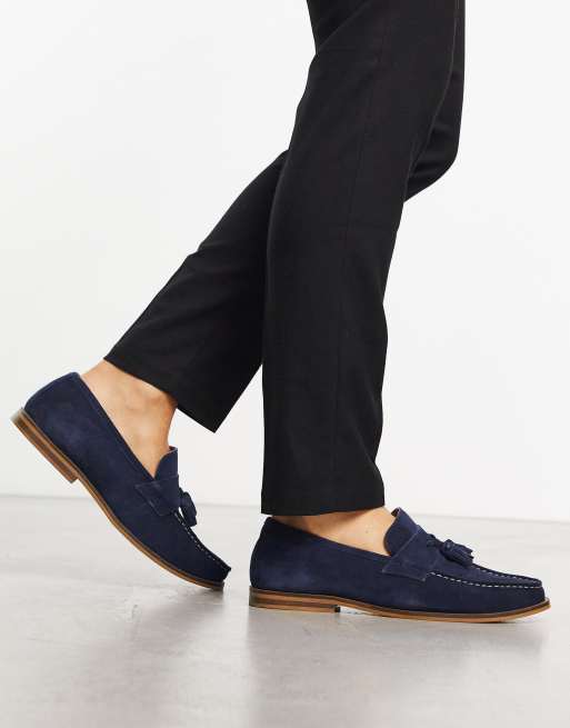 Blue Navy Suede Braided Knit Mens Casual Loafers Flats Shoes