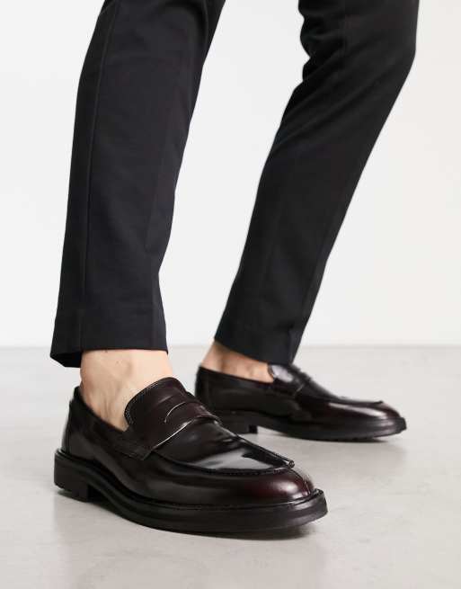 Schuh Robin chunky loafers in burgundy hi shine leather | ASOS