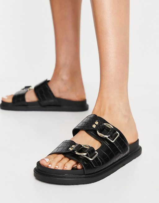 schuh Talia double strap sandals in black croc