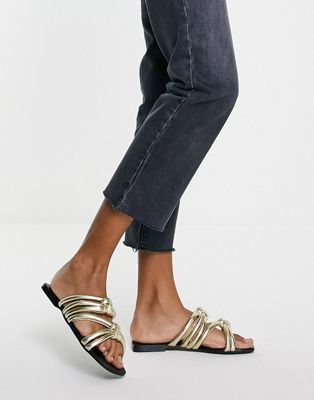 schuh Talise leather knotted flat slide sandals in gold