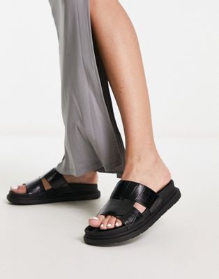 schuh Tally cross strap flat sandals in black croc