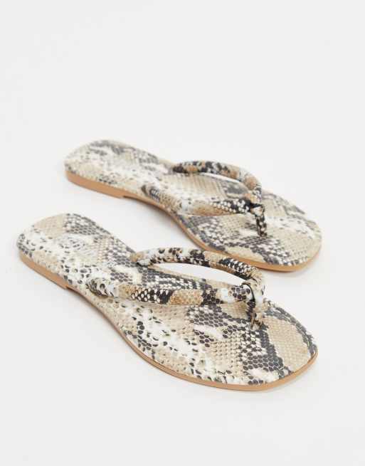 schuh Tassy leather square toe flip flops in snake