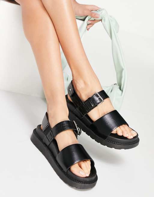 Black Pu Square Buckle Detail Sandals, Shoes