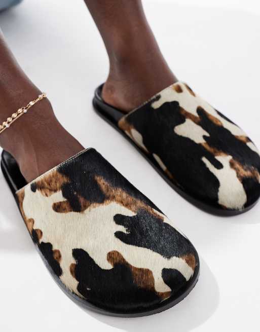 schuh Teale clog mules in cow print pony hair
