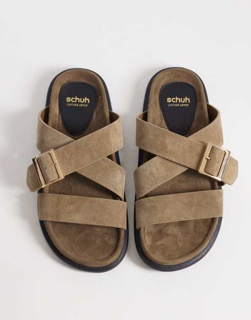 Schuh Tear cross over flat sandal with buckle detail in sage suede, 3 of 4