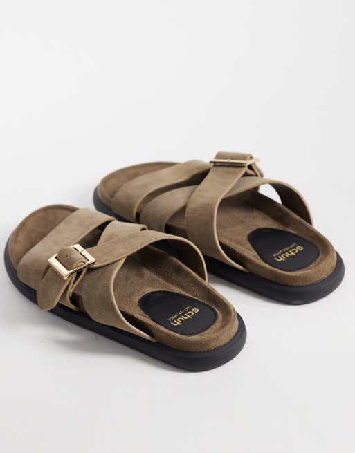 Schuh Tear cross over flat sandal with buckle detail in sage suede, 4 of 4
