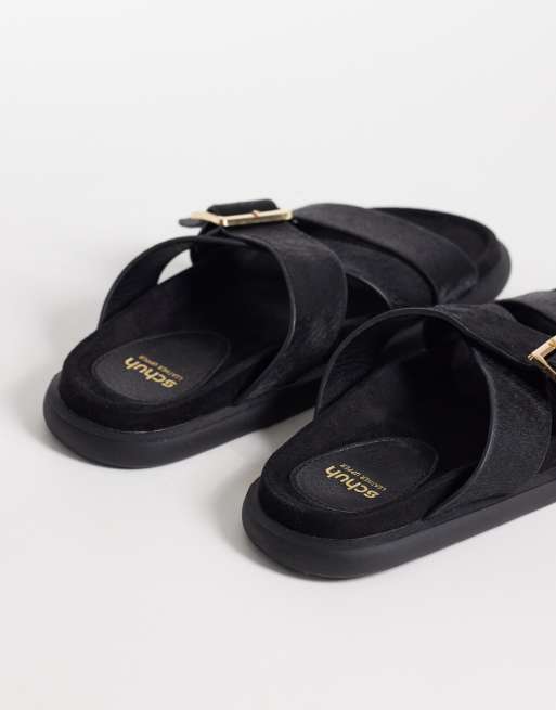 Schuh Tear cross over flat sandals with buckle detail in black pony, 3 of 4
