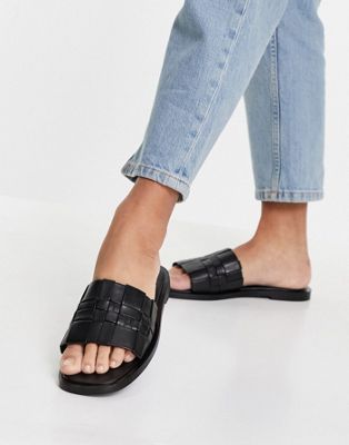 schuh – Tease – Slider-Sandalen mit Weboptik in Schwarz aus Leder