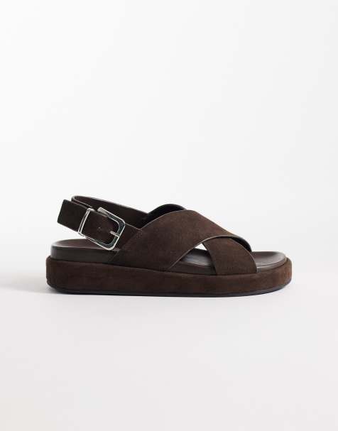 Schuh Tennessee cross over sandals with heel strap and buckle detail in brown suede - view 1