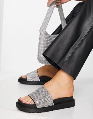 Schuh – Tessa – Slider-Sandalen in Schwarz und Silber mit dicker Sohle und Strassbesatz