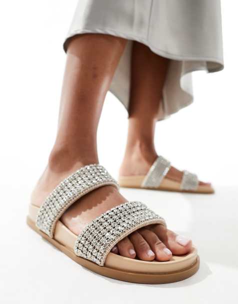 schuh Tessie embellished slides in neutral - view 1