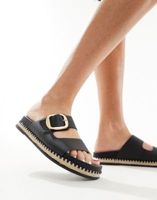 schuh Tish double buckle espadrille slides in black leather