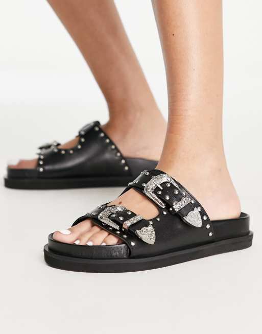 schuh Treasure leather studded slide sandals in black ASOS