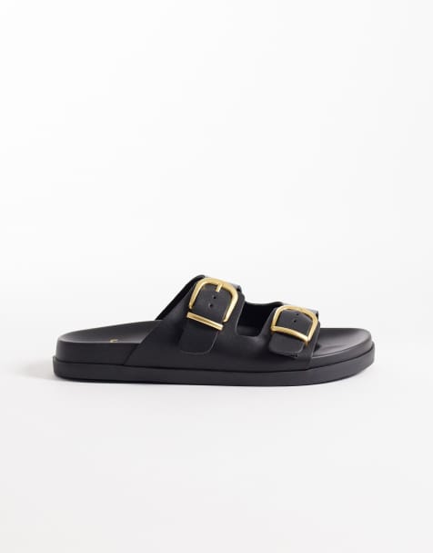 Schuh Trish double buckle flat sandal in black PU - view 1