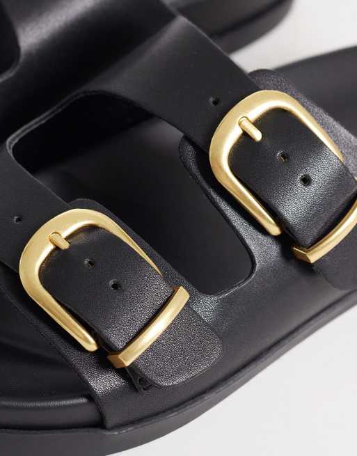 schuh Trish double buckle flat sandals in black PU, 2 of 4