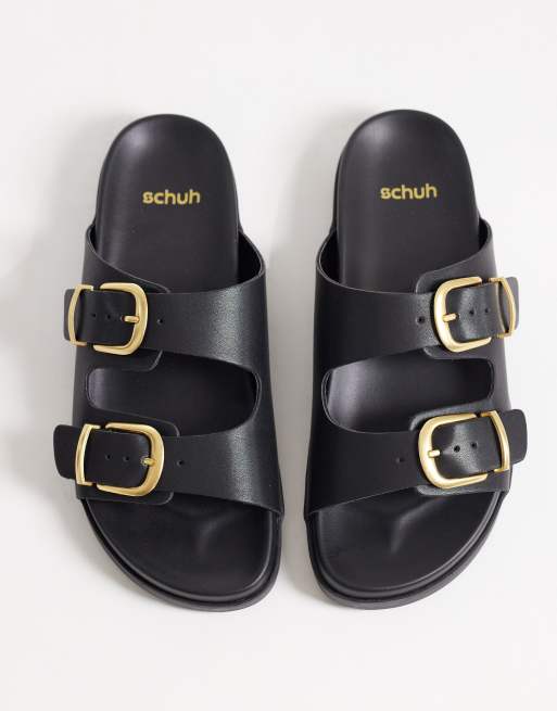 schuh Trish double buckle flat sandals in black PU, 3 of 4