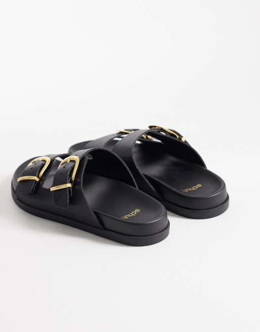 schuh Trish double buckle flat sandals in black PU, 4 of 4