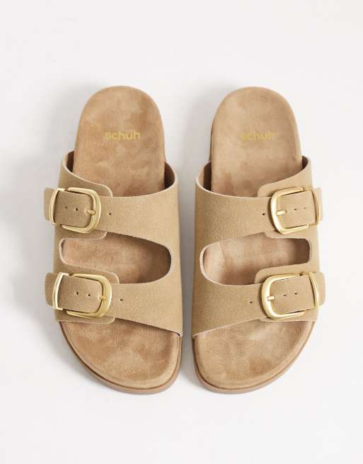 schuh Trish double buckle flat sandals in taupe faux suedette, 3 of 4