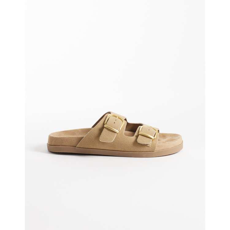 schuh Trish double buckle flat sandals in taupe suedette | ASOS display picture 2