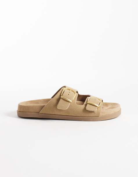 Schuh - Trish - Gråbrune flade sandaler i imiteret ruskind med to spænder - view 1