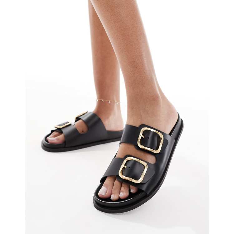 schuh Tylee double buckle sandals in black leather | ASOS
