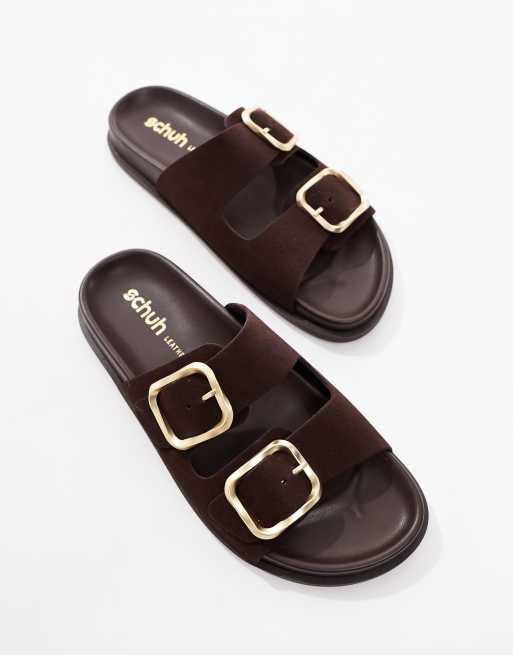 schuh Tylee double buckle sandals in chocolate brown suede