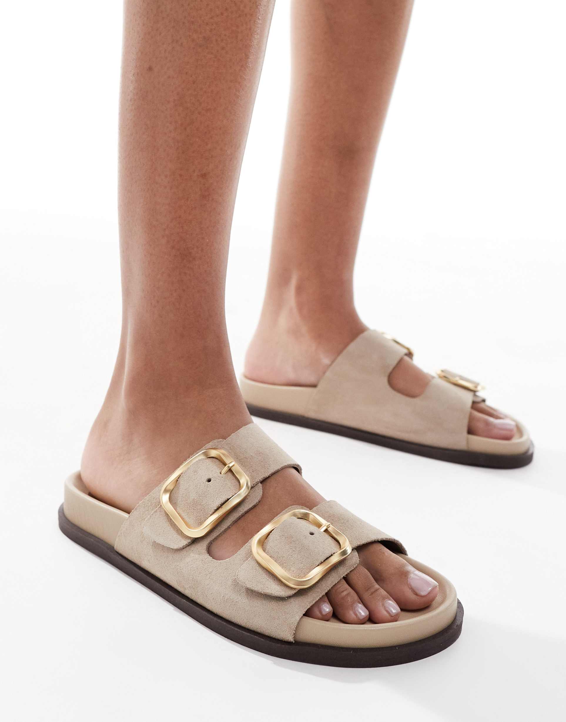 schuh tylee double buckle sandals in taupe suede