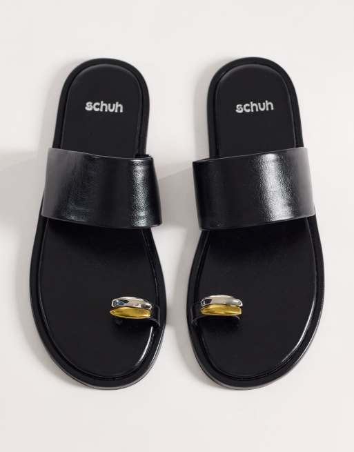 Schuh Tyme toe loop sandals with gold embellishment in black , 2 of 4