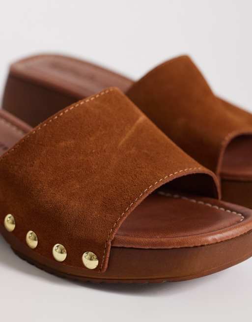 Schuh Verity studded heeled clog in brown suede, 2 of 4