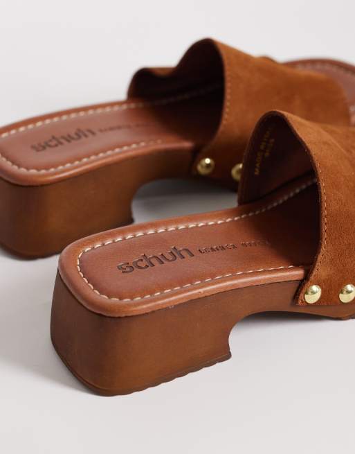 Schuh Verity studded heeled clogs in brown suede, 4 of 4
