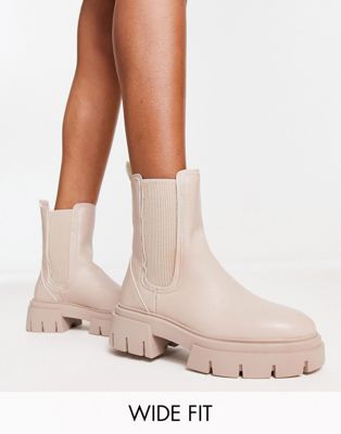 Wide Fit Amaya split sole chunky calf boots in natural-White