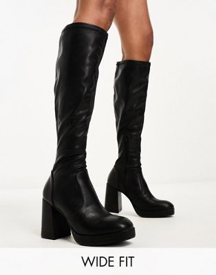 Wide Fit Della second skin heeled knee boots in black
