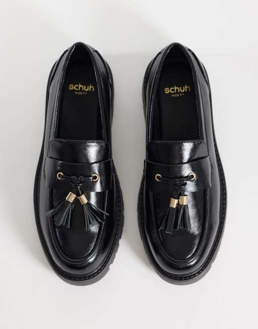Schuh Wide Fit Livvy chunky tassel loafers black patent, 2 of 4